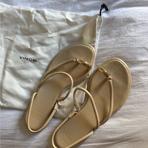Vince Beige Leather Toe-Ring Sandals with Gold Accent